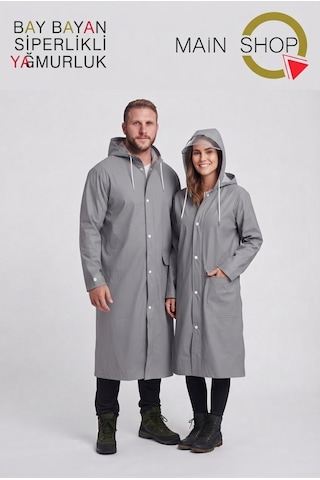 Mainshop Unısex Gri Su Ve Rüzgar Geçirmez Siperlikli Kapüşonlu Çıtçıtlı Cepli Yağmurluk