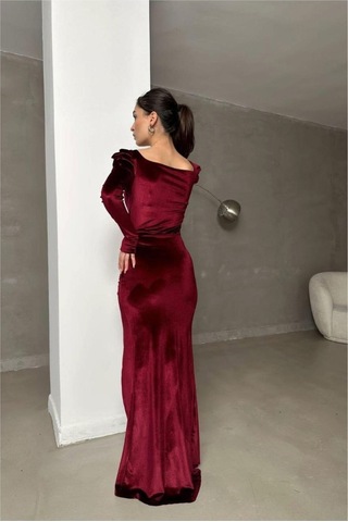 Lior Design Kadın Trend Tasarım Kare Yaka Taş Detaylı Uzun Kollu Abiye Elbise Bordo