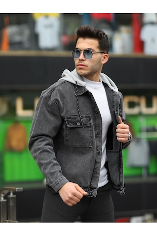 Erkek Kar Yıkama Kapüşonlu Çıkarılabilir Kapüşonlu Oversize K... Antrasit - Siyah