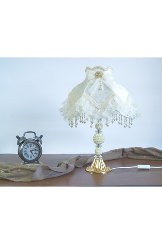 Kadife Kaplı Çiçek Dekorlu Ekru Gold Abajur 13798817