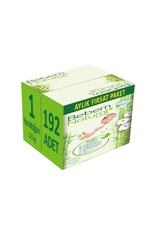Bebem Natural Bebek Bezi 1 Numara 2 - 5 KG Yenidoğan Aylık Fırsat Paketi 192 Adet 3'lü