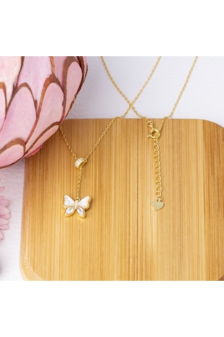 Kelebek Sedef Zirkon Taşlı Gold Rengi Model 925 Ayar Gümüş Kadın Kolye Gold