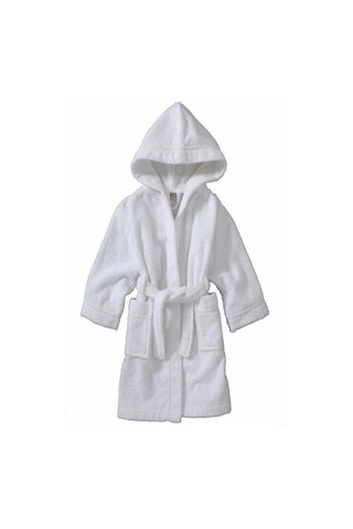 Kapşonlu Pamuklu Çocuk Bornozu Beyaz