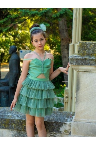 Zekids Kız Çocuk Simli Önü Pencere Detaylı Kısa Kat Kat Tasarım Abiye-15758 Yeşil