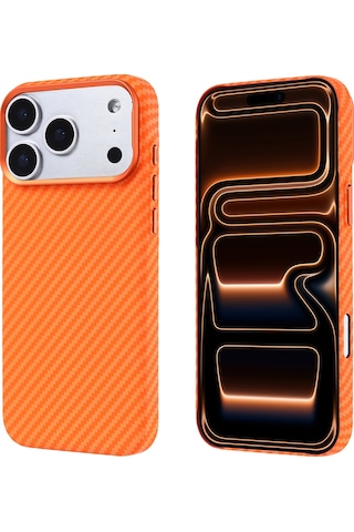 Techaks Apple Uyumlu iPhone 17 Pro Max Kılıf M-safe Şarj Özellikli Karbon Fiber Görünümlü Tchs Nekst Kapak - Turuncu Turuncu