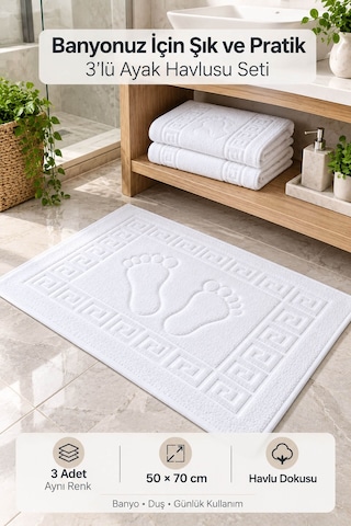 3'lü Banyo Ayak Havlusu 50x70 Cm 250 Gr Footera Beyaz