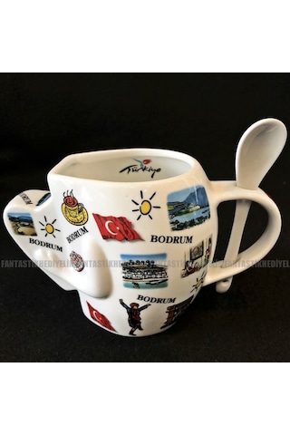 Bodrum Ege Yöresel Desenli Kaşıklı Porselen Kalpli Bardak Kupa