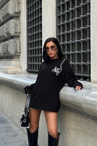 Kadın Siyah Dokuma Oversize Uzun Kollu Sweatshirt Siyah