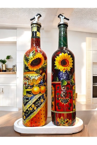 Akdeniz Mutfağı Ve Ayçiçeklerinden İlhamla Tasarlanan Cam Yağdanlık, Sirkelik Ve Sosluk Seti, Mutfak Kırmızı - Sarı