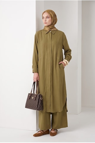 Armine Trend Gizli Patlı Düğmeli Uzun Tunik Pantolonlu İkili Takım Yağ Yeşili 26yt6137
