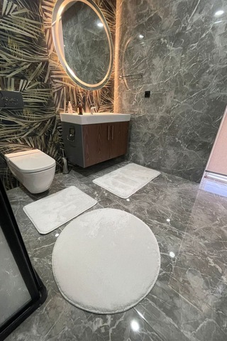3'lü Yıkanabilir Post Beyaz Banyo Halısı Peluş Klozet Takımı 80x80 Yuvarlak + 50x60 Ve 60x100 Klozet Beyaz