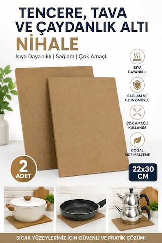 2 Adet Tencere Tava Çaydanlık Altı Nihale 22x30 Cm Mdf Sıcak Altlığı Mutfak Tezgah Koruyucu Açık Kahverengi