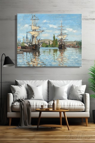 Yatay Kanvas Tablo Tekli Salon Mutfak Ofis Claude Monet Ships Riding On The Seine At Rouen