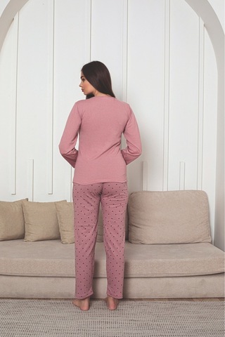 Kadın Baskı Detaylı Uzun Kollu Kalp Desenli Pijama Takım Pembe