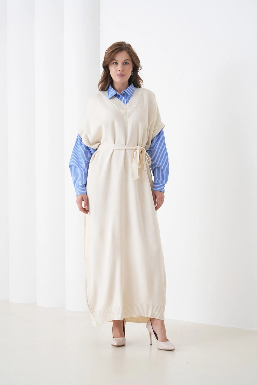 Kadın Uzun Kol Gömlek Yaka İçi Gömlekli Triko Kuşaklı Triko Spor Şık Elbise Bej