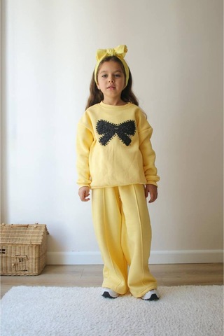 Jeliboomkidswear Boncuklu Fiyonk İşlemeli Kız 2 Li Takım Sarı