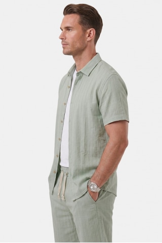 Deep Sea Deepsea Yeşil Slim Fit Çizgi Dokulu Keten Görünümlü Kısa Kol Erkek Spor Gömlek 2602648