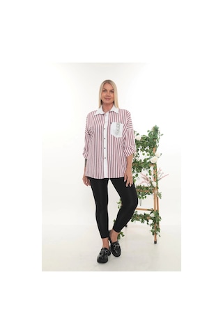 Lady Majestic %100 Cotton Rahat Kalıp Çizgili Büyük Beden Kadın Uzun Kollu Gömlek Bordo