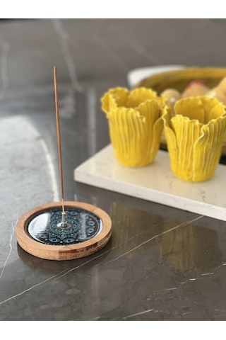 Ahşap Üzerine Epoksi Mandala Desenli Yuvarlak Tütsülük -12 Cm Çap- Mavi