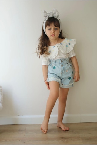 Minaz Baby Kot Şort Tişört Takım Beyaz - Mavi