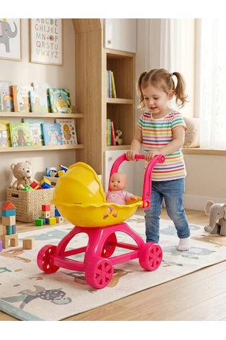Sevimli İlk Bebek Arabam 39cm Renkli Detaylı Tasarımlı Eğitici Oyuncak Bebek Puseti