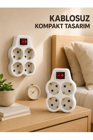 2 Li Set 4 Lü Priz Çoklayıcı Açma Kapama Anahtarlı Direkt Prize Takılan Adaptör Standart