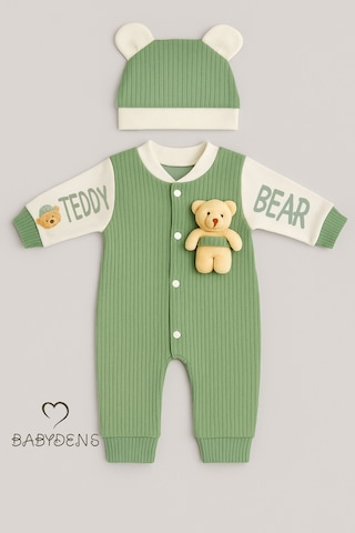 Babyden's Teddy Bear Temalı Yenidoğan Fitilli Tulum Takımı Ayıcıklı Erkek Bebek Tulum Şapka Set %100pamuk Yeşil