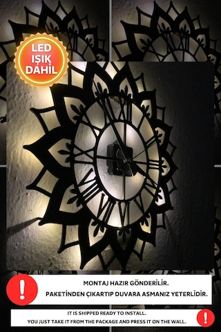 Led Işıklı Çiçek Duvar Saati Sessiz Dekoratif Modern Siyah Duvar Siyah