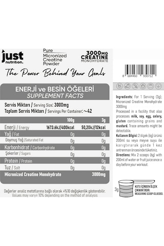 Just Nutrition Creatine Monohydrate Kreatin 126 Gr 42 Servis + Shaker + Protein Kahve Aromasız