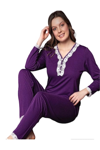 Bilgen's Butik Dantel Detay Pijama Takımı Mor Renk Mor