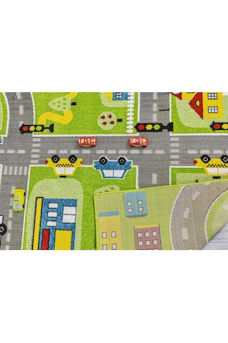 Konfor Halı 3 Boyutlu Yeşil Trafik Arabalı Dokuma Çocuk Oyun Halısı Yeşil