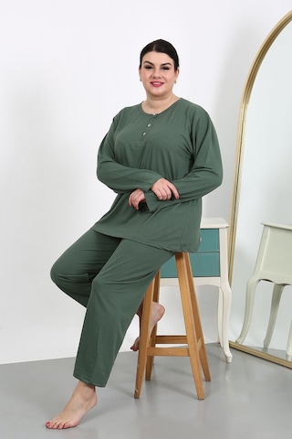 Akbeniz Kadın Büyük Beden Uzun Kol Penye Pijama Takımı Haki 202501 Haki