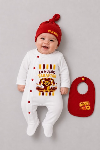 Babyden's Sarı Kırmızı En Küçük Taraftar 3'lü Bebek Tulum Seti Futbol Temalı Şapkalı Önlüklü Yenidoğan Bebek Tulum Seti Sarı - Kırmızı