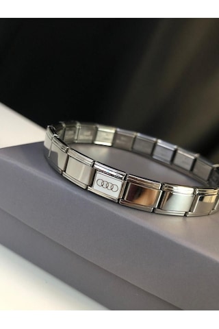Erkek Kadın Çelik Bileklik - Audi Logo Model Italy Charm Nomi Sevgiliye Eşe Babaya Gümüş