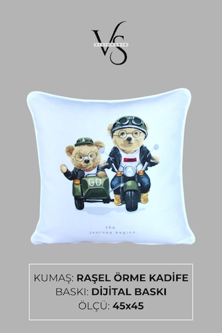 Kırlent Kılıfı Ayıcık Desenli 45x45 Raşel Örme Kadife Çift Taraflı Dijital Baskı Beyaz Biyeli - 05 Beyaz
