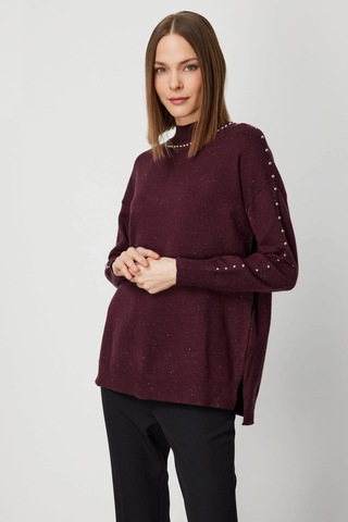 On Fashion Kadın Zımba Detaylı Bordo Kazak 60307 Bordo