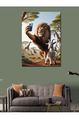 Kanvas Tablo Selfie Yapan Aslan Ve Keçi 50cmx70cm