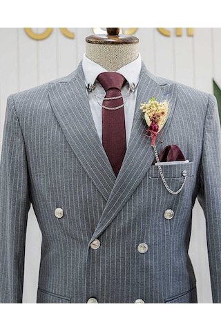 Bys Beystil Sivri Yaka Gri Çizgili Kruvaze Takım Elbise Togo - Slim Fit