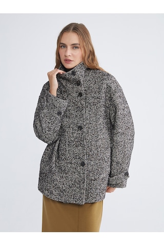 Lcwaıkıkı Classic Siyah Dik Yaka Desenli Oversize Kadın Kaşe Kaban