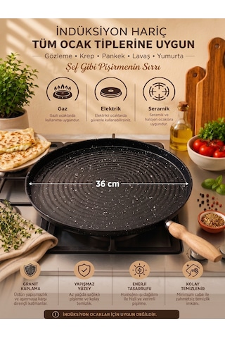Tektava Granit Kaplama Ahşap Saplı Bazlama&gözleme Tavası 36 Cm Siyah-36 Cm