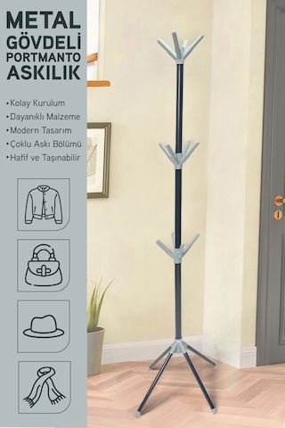 İronika Modern Portatif Elbise Askısı Ayaklı Portmanto Askı Vestiyer Askılık - Gri Gri