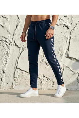 Plus Scorpion Erkek Slim Fit Eşofman Altı Yazılı Şerit Detaylı, Dar Paça Jogger Pantolon Lacivert