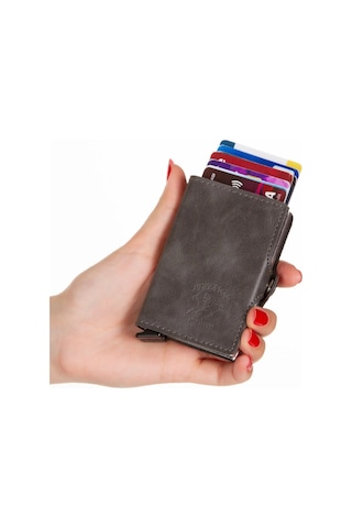 Tuldar Deri Otomatik Kart Çekim Önleyici Alüminyum Çift Mekanizmalı Kartlık Ve Cüzdan Tul170 Gri