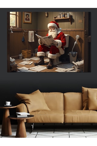 Tuvalette Oturan Noel Baba Dekoratif Kanvas - Mdf Ahşap Tablo