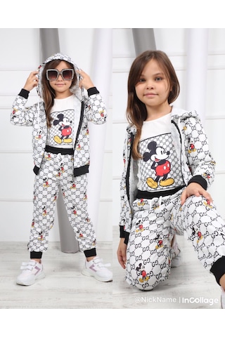 Mickey Mouse Üçlü Kız Çocuk Eşofman Takımı Tuhfetower Gri - Siyah