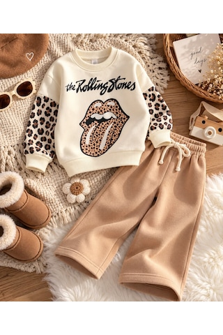 Lolliboomkids Kız Çocuk Leopar Geçişli Trend Lips Baskılı Alt Üst Takım Sütlü Kahve Çok Renkli