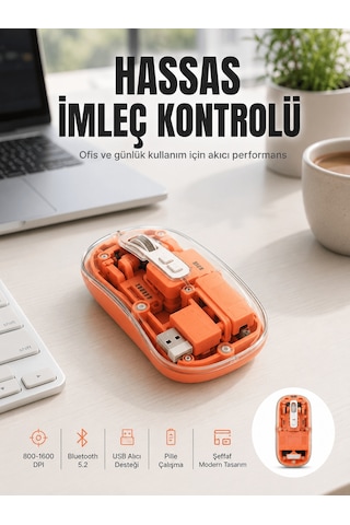 Shnstore Bluetooth Ve Usb Destekli Kablosuz Şeffaf Mouse Sessiz Kullanım Yeni Nesil Shntknd0720