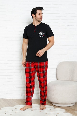 Enisena Erkek Pijama Takımı - Ekose Altlı-3 Düğmeli - %100 Pamuklu 12386 Siyah
