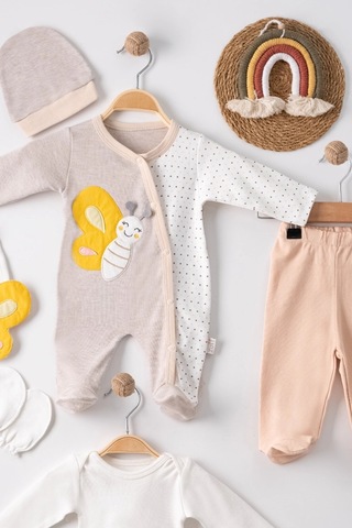 Veraura Lifestyle Kelebek Nakışlı Tulumlu % 100 Pamuk Erkek Bebek 5'li Set Kahverengi 0-3 Ay