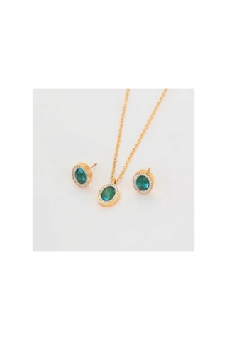 Lunarie 14k Gold Çelik Oval Halo Taşlı Kolye Küpe Takı Seti Altın